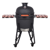 Barbecue Kamado SEB 21 pouces en céramique noire, fumoir au charbon de bois, chariot extérieur pliable avec étagères latérales, roues et poignée