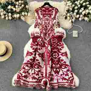 Vestido Maxi Plisado Romano Transpirable Lavable de Manga Larga para Mujer, Estampado Imperio con Encaje, Tejido Ecológico, Corte A, para Fiesta de Invierno, Morado - Product Image 2