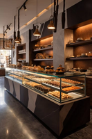Design d'intérieur de boulangerie, style rétro luxueux, boutique de desserts, vitrine en verre transparent, étagères en bois à plusieurs niveaux
