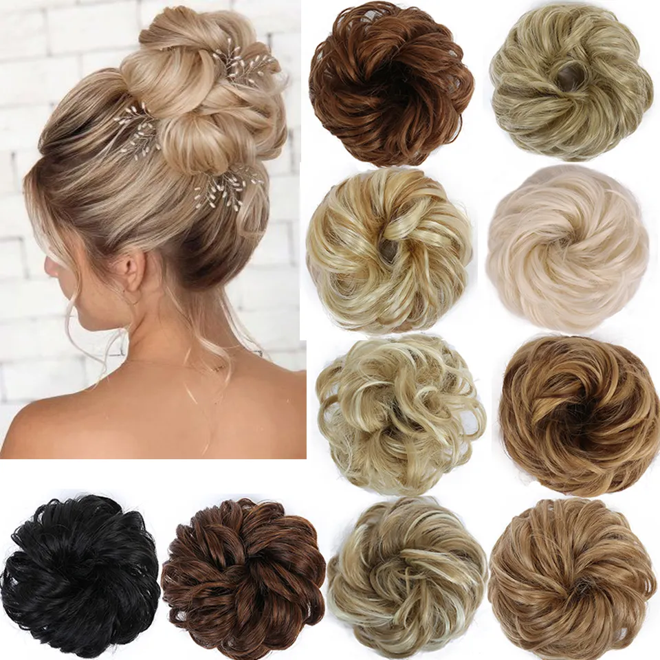 Women and Girls Curly Scrunchie Chignon Hair Bun With Rubber Band Synthetic Hair Ring Wrap On Messy Hair Bun Ponytails