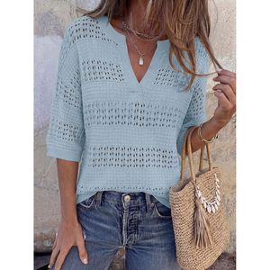 Tops de ganchillo para mujer, cuello en V, suéter holgado de manga corta, para verano y playa - Product Image 4