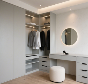 Armoire intégrée minimaliste Balom sur mesure avec coiffeuse et grand placard gris avec bande LED pour l'ameublement de la maison - Product Image 4