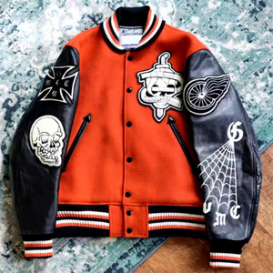 Unisex Black Varsity Jacket Leather Sleeves Embroidered <b>Patch</b> Designs Moto <b>Biker</b> Style Turn-down Collar Regular Fit Custom LOGO - Product Image 3