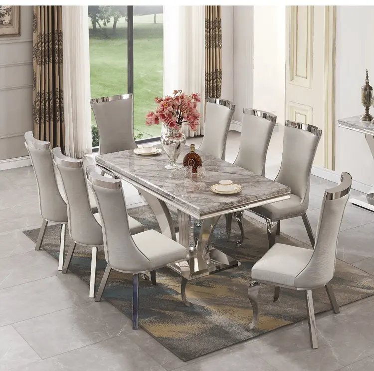 Mobiliario moderno Mesa de comedor de cocina de lujo Mesa de comedor de marmol de acero inoxidable de acero inoxidable