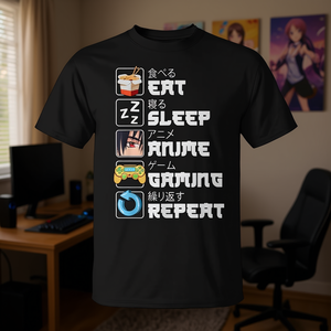 Camiseta Unisex para Adultos con Estampado Digital de Anime, Eat Sleep Anime Gaming Repeat, Cuello Redondo, Manga Corta, Promocional - Product Image 3