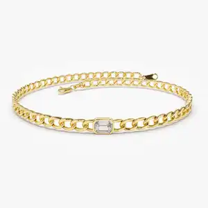 VLOVE Fine Jewelry Diamond Bracelet For Women 9K 10K 14K 18K Gold Cuban Link Bracelet w/ Emerald Cut Diamond Solid Gold Jewelry