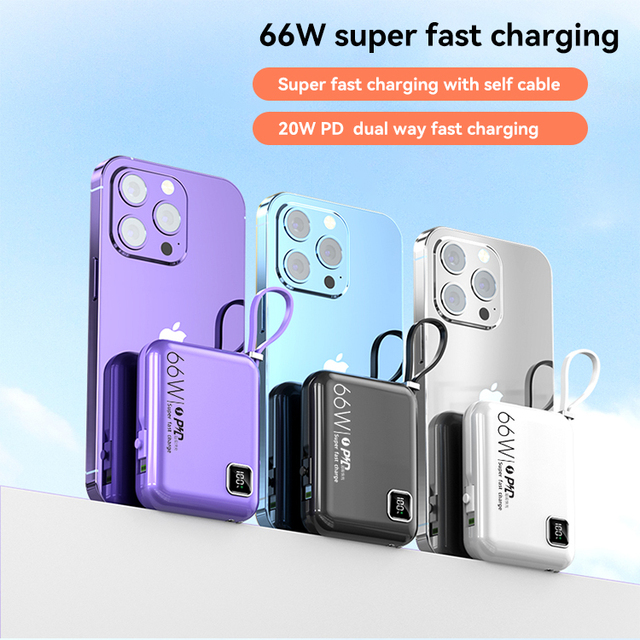 Mini Pocket Portable Design 66W&20 10000mah Type C PD Mobile Phone Fast Charging Power Bank Plastic Li-polymer Battery Universal