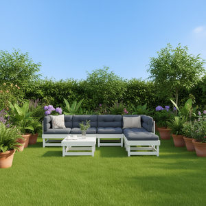 Ensemble de salon de jardin blanc avec structure en bois, 6 places, mobilier d'extérieur au design contemporain, résistant aux intempéries - Product Image 2