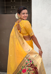 Saree Paithani en organza jaune traditionnel avec un design tissé Zari complexe, parfait pour les occasions festives et les vêtements ethniques élégants - Product Image 4