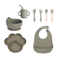 Ensemble repas bébé carré en silicone de qualité alimentaire, écologique, réutilisable, avec assiette à ventouse, bavoir imperméable, couverts et tasse, sans BPA, faible MOQ
