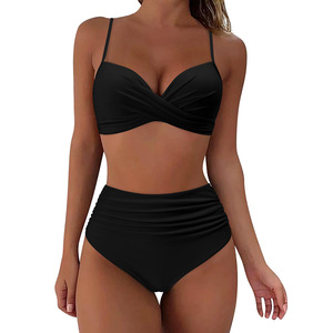 Set Bikini Push-Up a Vita Alta Senza Spalline in Spandex/Poliestere Traspirante Lavorato a Maglia Tinta Unita da Donna, Stile Europeo Americano 2023 - Product Image 2