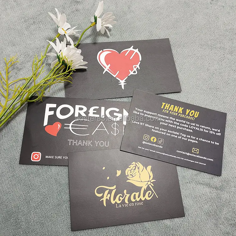 Professional Printing Luxury Gold Foil Hot Stamp Black Matte Thank You Cards 100 For My Small Business