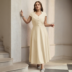 Vestido Maxi Plus Size Branco Creme para Mulheres, Estilo Vintage com Botões Frontais, Vestuário Modesto para Noite, Serviço de Logotipo Personalizado - Product Image 5