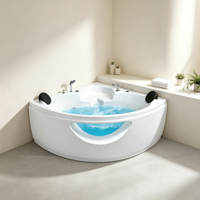 Baignoire Balnéo d'Angle de Luxe avec Panneau en Verre Courbé Transparent, Double Appuie-tête Noir et Jets de Massage pour Villa