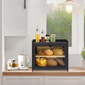 Caja de Almacenamiento de Pan de Bambú de Doble Capa, Organizador de Cocina de Escritorio, Contenedor de Alimentos y Artículos Diversos, Color Negro Oscuro Madera - Product Image 2