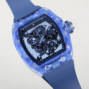 High End Mens <b>Automatic</b> <b>Watch</b> Transparent Blue Crystal Tonneau Case with Hollow <b>Skeleton</b> Movement - Product Image 3