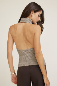 Débardeur d'été décontracté pour femme, sans manches, <span class=keywords><strong>col</strong></span> <span class=keywords><strong>montant</strong></span>, en maille côtelée, avec logo frontal, <span class=keywords><strong>beige</strong></span> chiné, ajusté, dos ouvert - Product Image 2