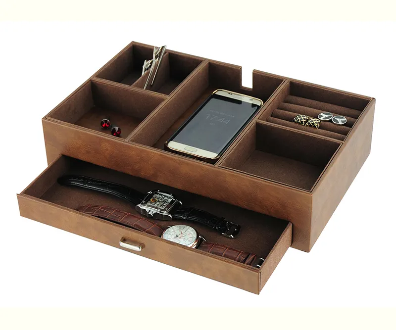 Oneup-plateau à valise en cuir PU, organiseur de bureau avec grande Station de chargement pour Smartphone avec tiroir pour hommes