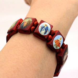 수제 기독교 기도 탄성 나무 사각 팔찌, 성모 예수 성부 아이콘 선물 - Product Image 6