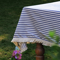 Nappe en coton rayée bleue et blanche vintage, housse de table ronde réutilisable style ferme pour décoration de jardin, mariage et repas