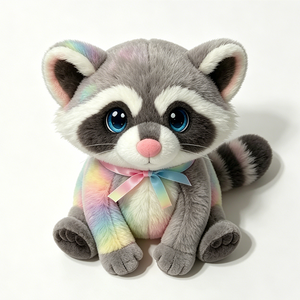 Peluche de Mapache Enmascarado Gris, Mapache de Bosque de Peluche con Brazos en Degradado Arcoíris Pastel y Lazo de Cinta de Satén Ombré, Azul Brillante Grande - Product Image 3