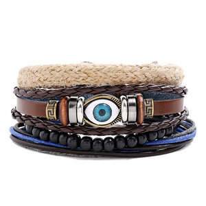Pulseras <span class=keywords><strong>de</strong></span> Moda con Amuleto <span class=keywords><strong>de</strong></span> Ojo Turco <span class=keywords><strong>de</strong></span> Cuero Genuino al por Mayor, Conjuntos Trenzados <span class=keywords><strong>de</strong></span> Cuerda <span class=keywords><strong>de</strong></span> Cáñamo Multicapa para Hombres y Mujeres - Product Image 1