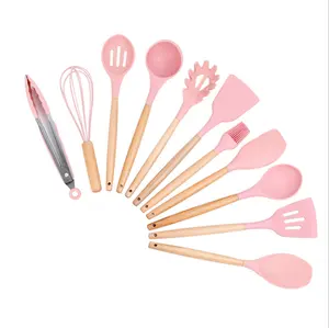 Nonstick cookware wooden handle silicone kitchenware 12 Pcs pink silicone spatula set utensilios de cocina india