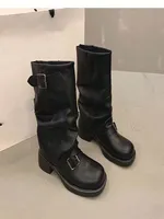 Bottes de cowgirl en daim personnalisées pour femmes, à bout carré, mi-mollet, style slouch, talon bloc épais, plateforme, avec bride à boucle, style western, vente en gros