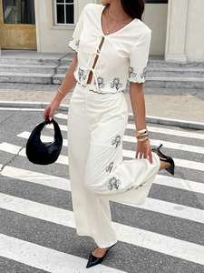 Nouvel ensemble deux pièces décontracté pour femme, tissé, uni, avec haut à col rond et broderie ajourée - Product Image 3