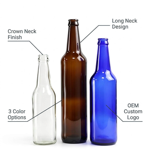 Botella <span class=keywords><strong>de</strong></span> <span class=keywords><strong>vidrio</strong></span> <span class=keywords><strong>de</strong></span> cuello largo para cerveza con tapa corona para cerveza artesanal, elaboración casera, kombucha, sidra, refrescos, en colores ámbar, marrón, flint y azul. - Product Image 1