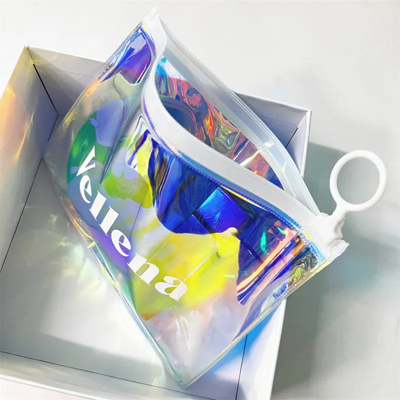 Bolsa de maquillaje de belleza personalizada, bolsa de plástico transparente holográfico impermeable con logotipo, PVC, con cremallera, 2022