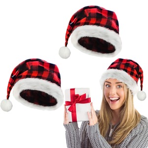 Joyeux Noël <span class=keywords><strong>Rouge</strong></span> Noir Buffalo Plaid Long Chapeau de Père Noël en peluche avec fourrure blanche et <span class=keywords><strong>pompon</strong></span> Bonne qualité Chapeau de Père Noël Décoration de Noël - Product Image 4
