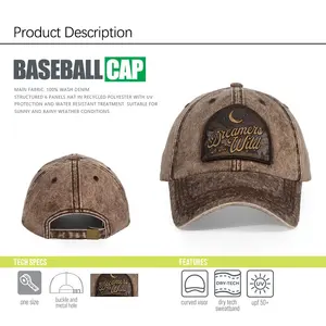 Boné de beisebol personalizado bordado logotipo couro remendo 6 painel curvo borda lavada denim boné de beisebol retro