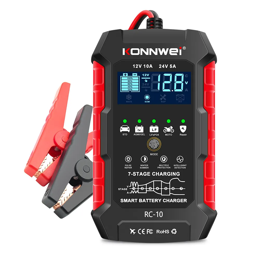 Fast charging pulse repair konnwei RC-10 12V 10A 24v 5A lead acid LiFePO4 A-G-M flat pate spiral gel car battery charger 12V 24V