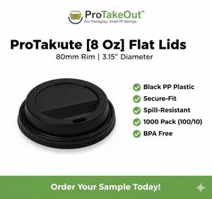 แก้วกระดาษ ProTakeOut [8 ออนซ์] ฝาปิดแบบแบน ขอบ 80 มม. เส้นผ่านศูนย์กลาง 3.15 นิ้ว สีดำ พลาสติก PP แพ็ค 1000 ใบ (100/10) ปิดสนิท ป้องกันการหก - Product Image 3