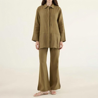 Ensemble deux pièces élégant vert olive, chemise tunique et pantalon évasé en mélange de lin, étiquette personnalisée, commande en gros, vêtements pour femmes musulmanes