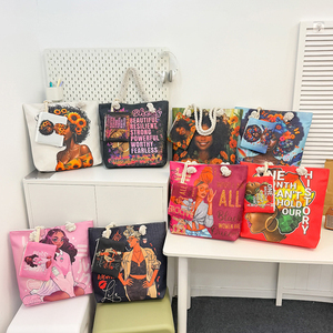 Bolsa Sacola Grande de Lona com Zíper Pintada à Mão, Estampa de Menina Negra em Poliéster, Leve e Dobrável para Ombro - Product Image 4