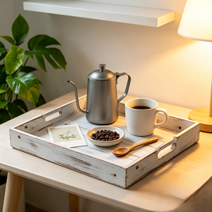 Bandeja de Servir de Madera Pulida Blanca Rústica con Asas, Bandeja Rectangular Grande Multifuncional para Otomana, Desayuno, Cama, Decoración del Hogar - Product Image 4