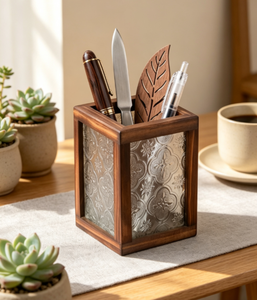 Organizador de Escritorio Multifuncional de Madera Maciza con Vidrio Grabado con Diseño de <span class=keywords><strong>Begonia</strong></span>, Caja de Almacenamiento para Brochas de Maquillaje, Estilo Retro - Product Image 2