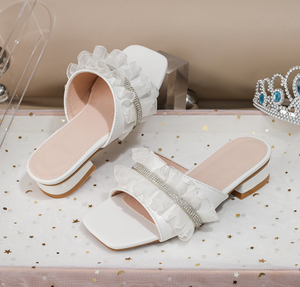 Summer New Lace-up Sandals for Girls Thick-<b>heeled</b> Slippers <b>White</b> Pleated Sandals for Girls 8-12 Years - Product Image 2