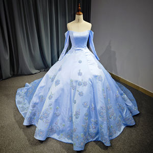 Jancember 6705 Vintage <b>Blue</b> Evening Flower Vestidos De Noche Elegantes Dresses With Sleeve - Product Image 2