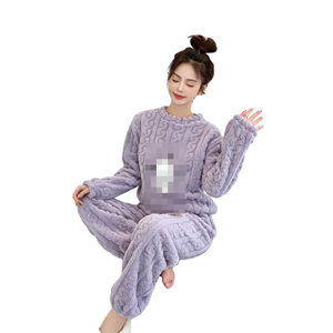 Pigiama invernale gatto cartone animato in pile da donna con elastico in vita manica lunga per la casa abbigliamento da notte Logo anteriore per l'autunno e la primavera - Product Image 4