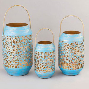 Turquoise Metal Lantern <b>Set</b> Of 3 Round With Gold Accents And Handle - Product Image 3