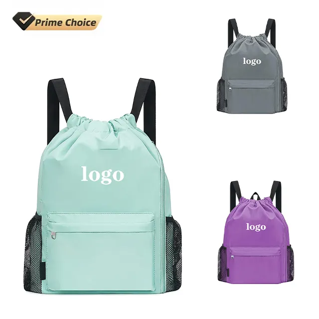 Mochila con cordón de fábrica personalizada BSCI, bolsas deportivas para gimnasio con bolsillo lateral para hombres y mujeres, mochila con cordón, Bolsas resistentes al agua