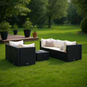 Set da Giardino in Rattan Bianco Crema e Nero, 5 Posti, Arredamento da Esterno Resistente alle Intemperie, Design Contemporaneo - Product Image 2