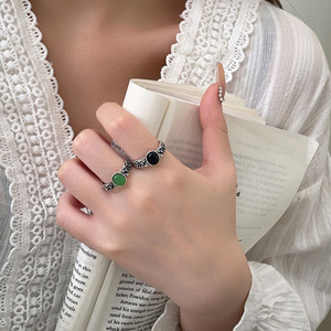 Thai <b>Silver</b> S925 <b>Sterling</b> <b>Silver</b> <b>Ring</b> With Black Agate And Green Stone Flower Design For Women Everyday Wear - Product Image 2