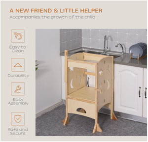 Taburete de Cocina Plegable de Madera para Niños, Taburete Auxiliar con Asas y Barandilla de Seguridad, Muebles para Sala de Estar - Product Image 4