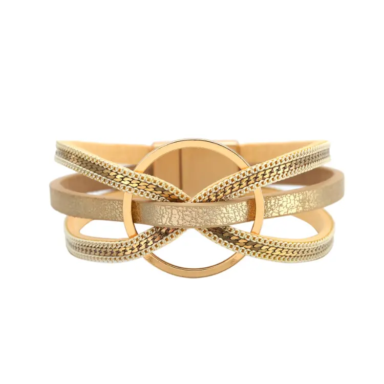 Sankylin pulseira de couro com fivela magnética, anel geométrico multicamadas, pulseira de joia de couro leve e simétrica de luxo