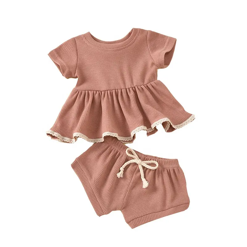 Set Pakaian Bayi Baru Lahir Waffle-Knit Cotton Puffy Dress Bowknot Celana Pendek Dua Potong Pakaian Bayi Perempuan Dalam Jumlah Besar