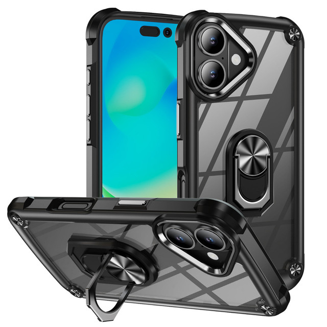 Colored TPU Frame Clear PC Back Shockproof Phone Case with Car Mount Metal Ring Stand for iPhone 17 16 16 Plus 15 14 13 Pro Max